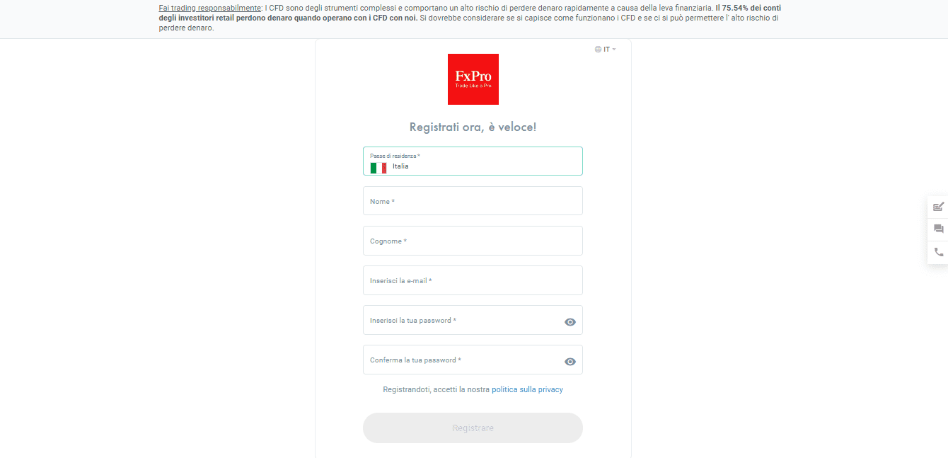 Modulo per Aprire un conto con FxPro